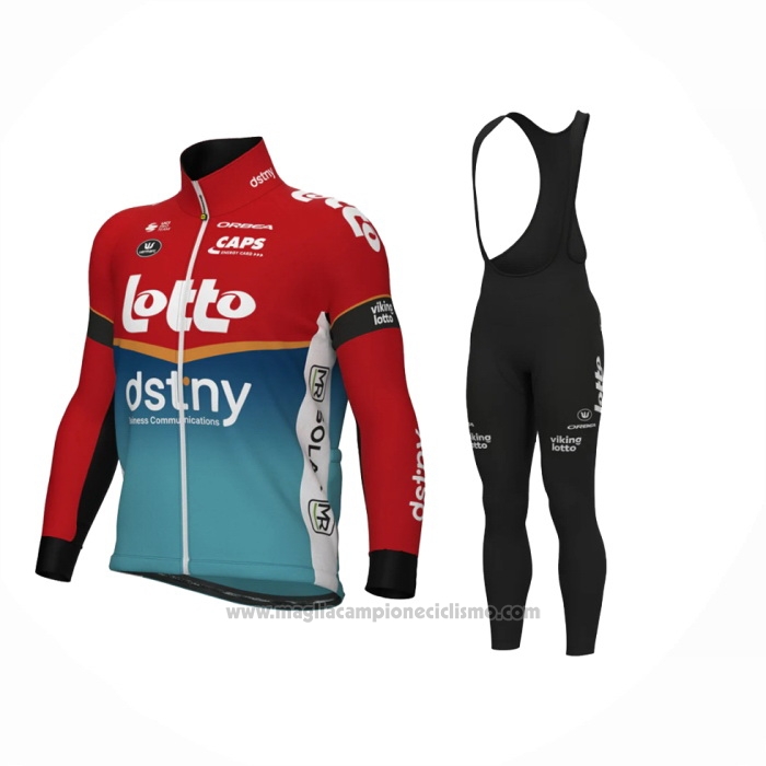 2024 Abbigliamento Ciclismo Lotto Dstny Azzurro Rosso Manica Lunga e Salopette